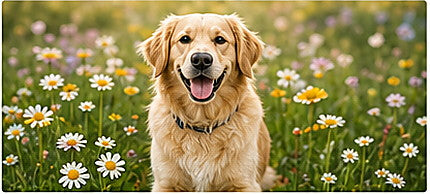 Golden retriever in spring flowers