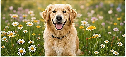 Golden retriever in spring flowers
